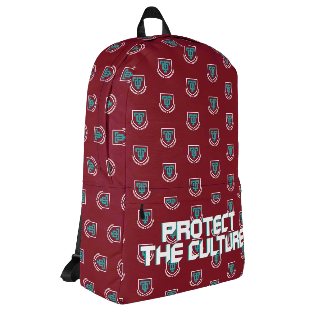 Front view of bugandy Talented10th streetwear backpack
